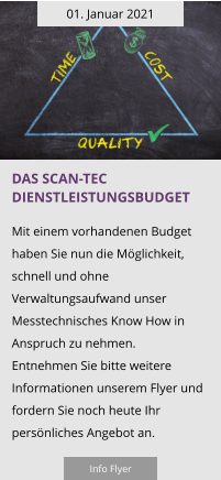 01. Januar 2021 Das scan-tec Dienstleistungsbudget  Mit einem vorhandenen Budget haben Sie nun die Möglichkeit, schnell und ohne Verwaltungsaufwand unser Messtechnisches Know How in Anspruch zu nehmen.  Entnehmen Sie bitte weitere Informationen unserem Flyer und fordern Sie noch heute Ihr persönliches Angebot an.  Info Flyer